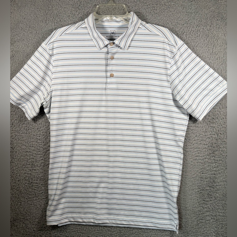 Mizzen+Main Men’s Large Trim Fit Performance Polo Shirt Gray Blue Stripes